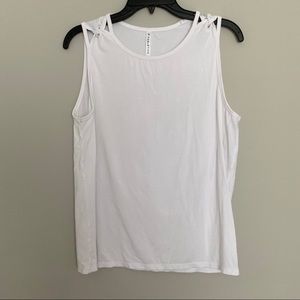 Fabletics White Athletic Cross Sleeve Tank Top Sm